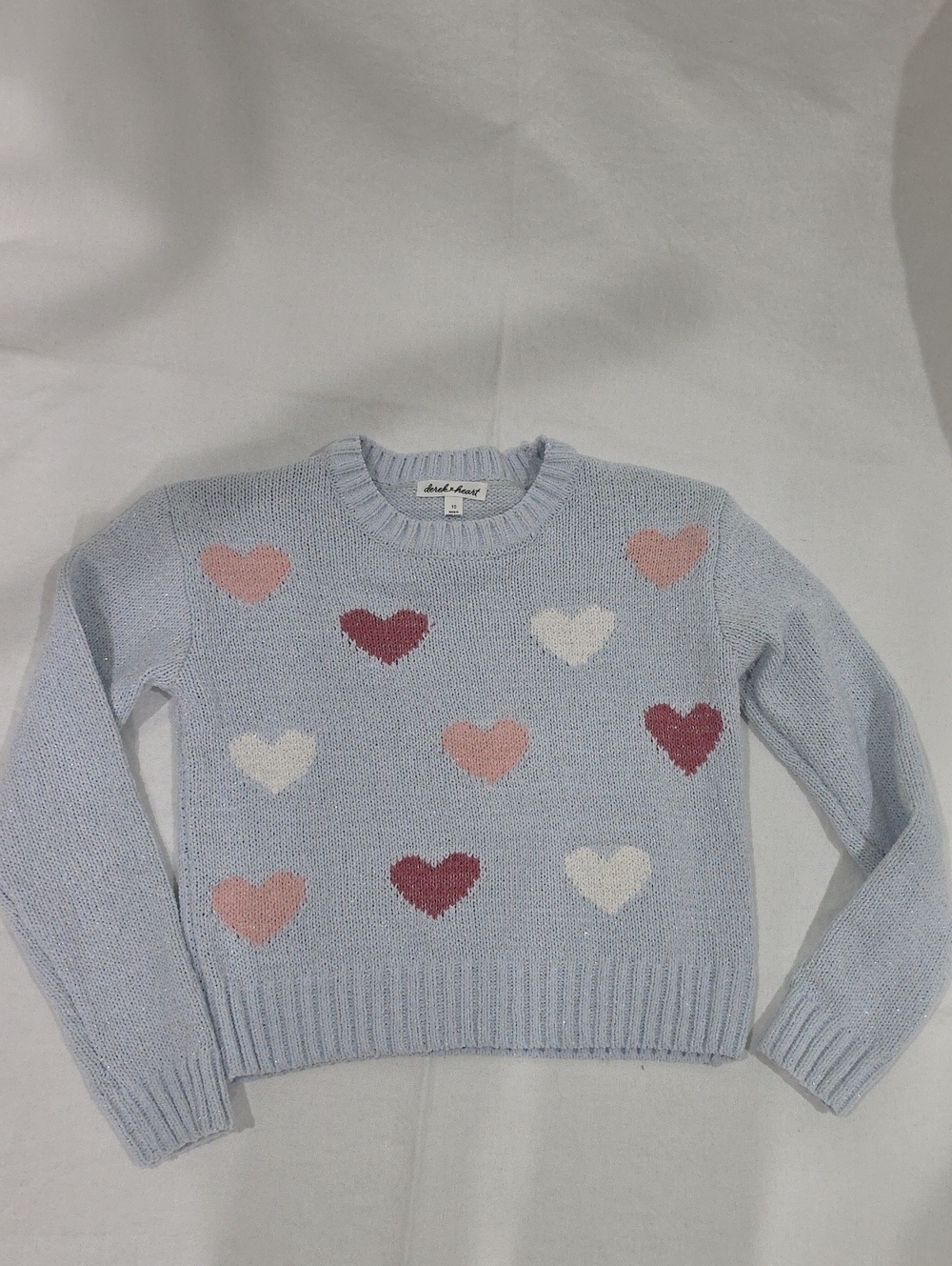 Blackheart Pastel Blue Crewneck Sweater with Pink, Burgundy, and White Hearts